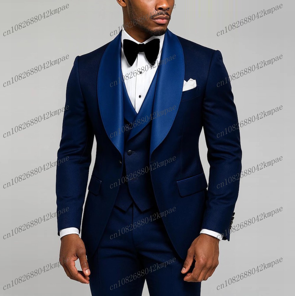 Men Formal Wear Wedding - 新しいネイビーブルーのフォーマルメンズスーツ、新郎、介添人、結婚式、パーティー、プロム、ビジネス、男性用タキシード、3ピースセット、ブレザー、ベスト、パンツ