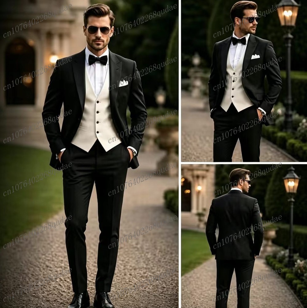Men Formal Wear Black And White - フォーマルな黒と白のメンズスーツ、結婚式、新郎、花婿の付添人、男性用タキシード、新郎衣装、3ピースセット、ブレザー、ベスト、パンツ
