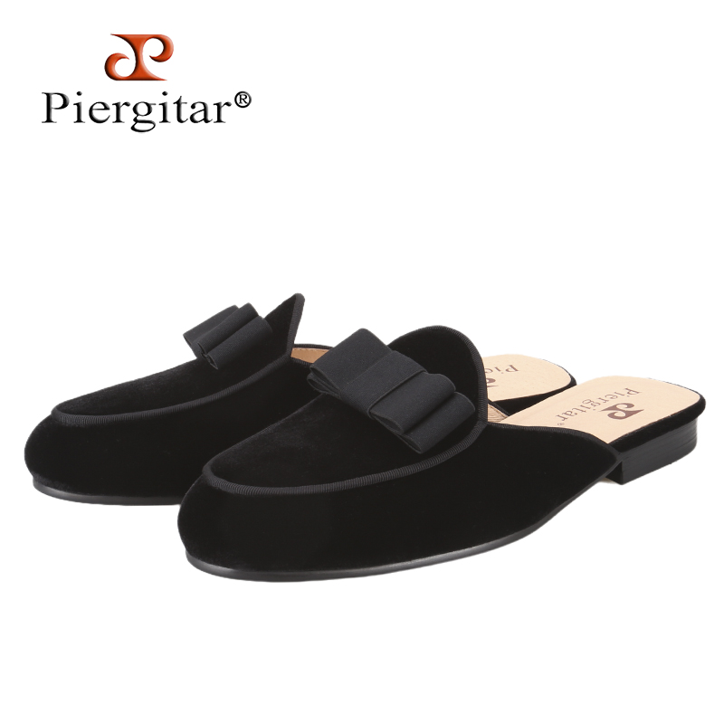 Men'S Style Formal Wear - Piergitar 2026 夏新モデルブラックベルベットメンズミュール手作りのリボンデザインパーティークラシックスタイルフォーマルドレスウェアスリッパ