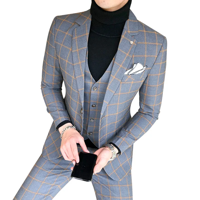 Men Formal Wear Wedding - ブレザーとベストパンツ/ブティックファッションチェックメンズカジュアルビジネススーツ3点セットウェディングドレスパフォーマンスコスチューム