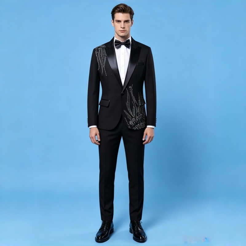 Men Formal Wear Black And White - メンズスリムフィットフォーマルスーツ、黒白ストーン付きブレザー、歌手、合唱、結婚式、司式、プロム、ホスト、ステージ衣装に最適