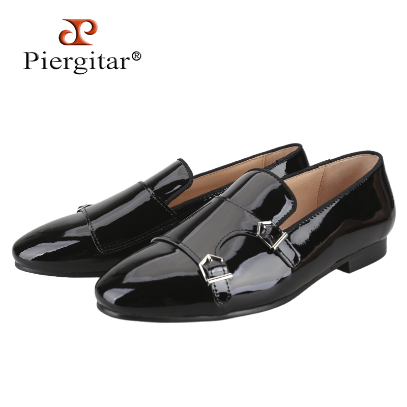 Men Formal Wear Shoes - Piergitar 新ブラックカラーパテントレザーメンズダブルモンクシューズファッションパーティー/ショーフォーマルウェアスリッポンローファープラスサイズ