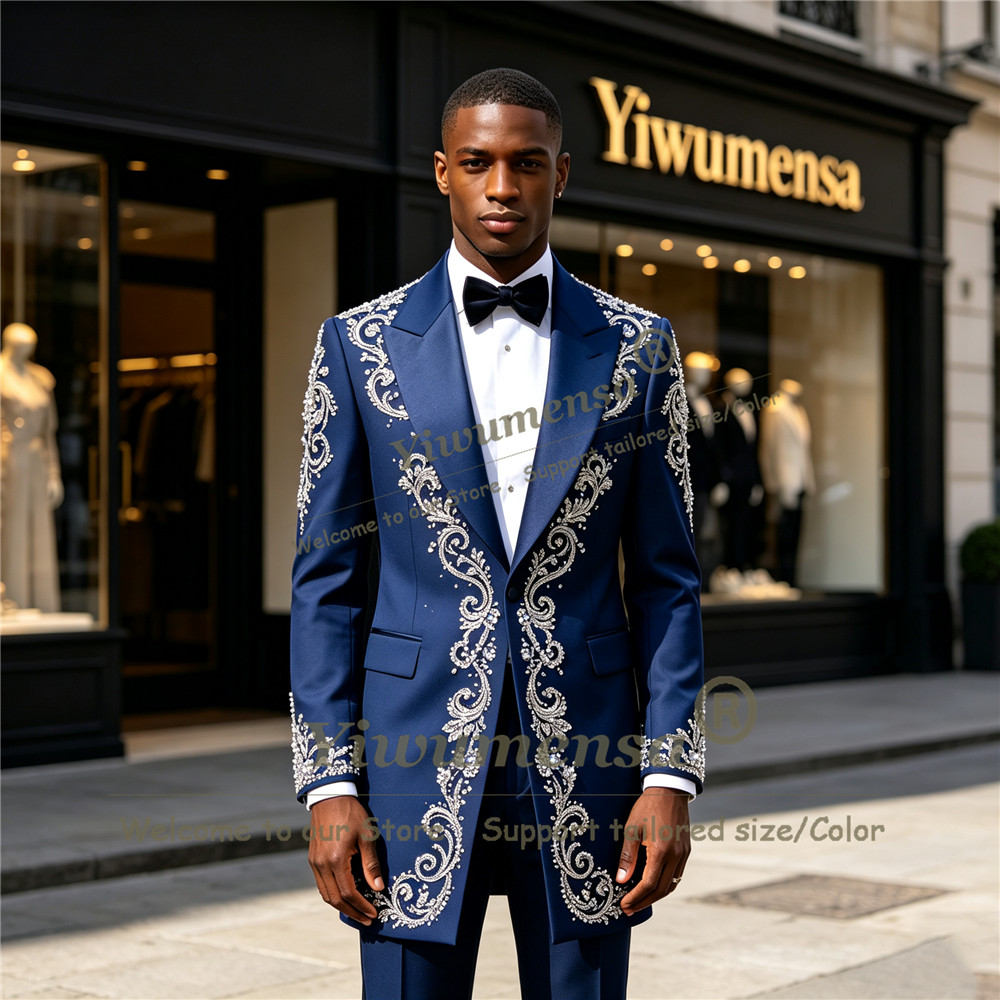 Men Formal Wear Wedding - 手作りクリスタルビーズ装飾スーツ メンズ カスタムメイド シングルブレスト プロムブレザー ロングフォーマルウェア