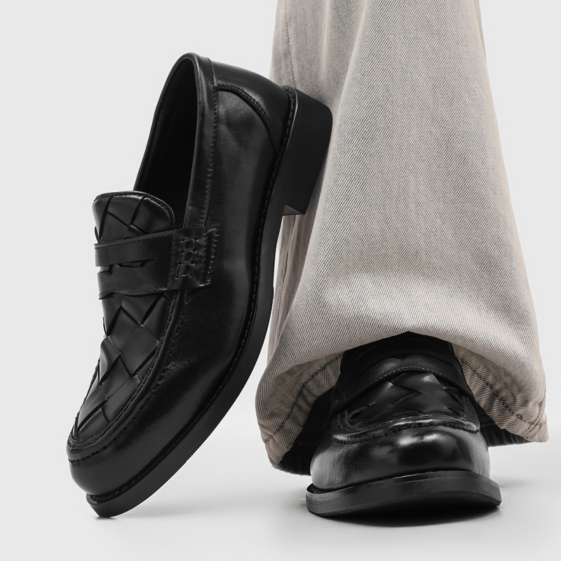 Formal Men Daily Wear Shoes - 男性手作り織り込みペニーローファー ブラック ローヒール フォーマル レトロ オフィス