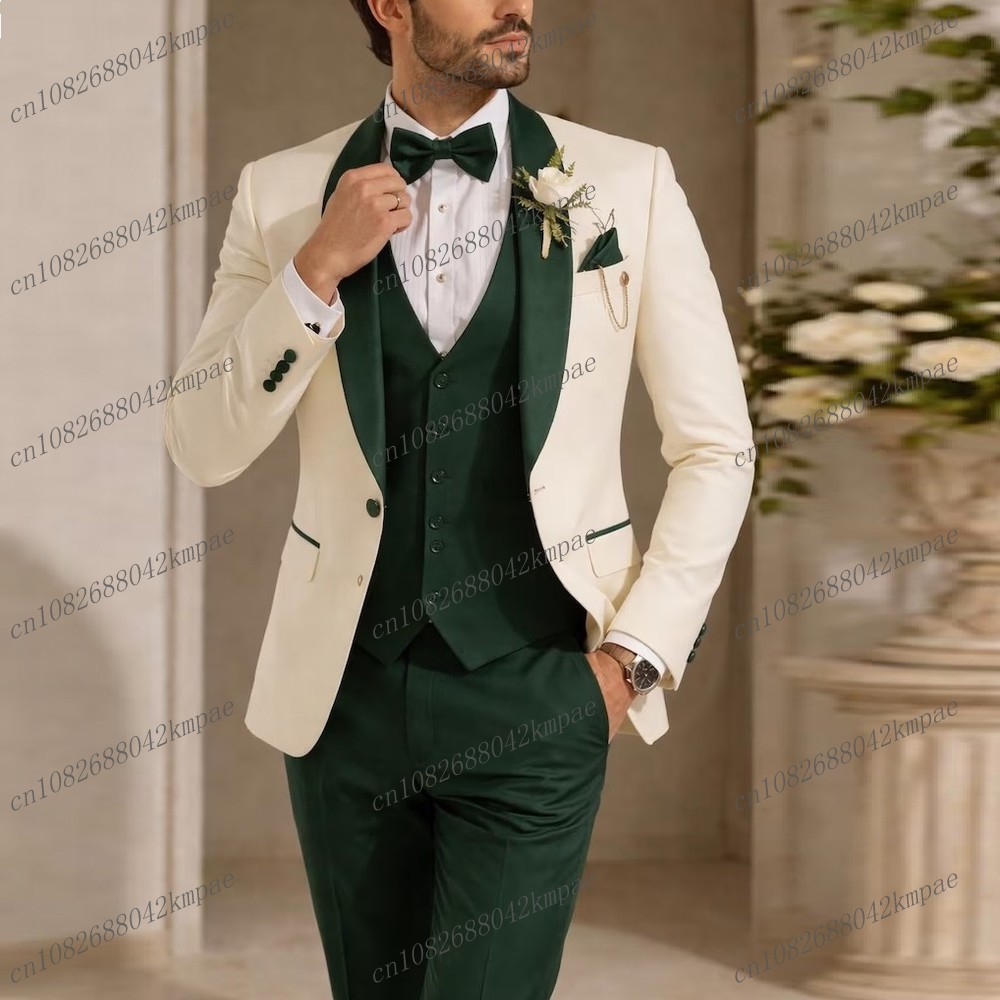 Men Formal Wear Wedding - 新作アイボリーとダークグリーンのフォーマルメンズスーツ、新郎、花婿介添人、結婚式、パーティー、プロム、ビジネス用男性タキシード、3ピースセット（ブレザー、ベスト、パンツ）