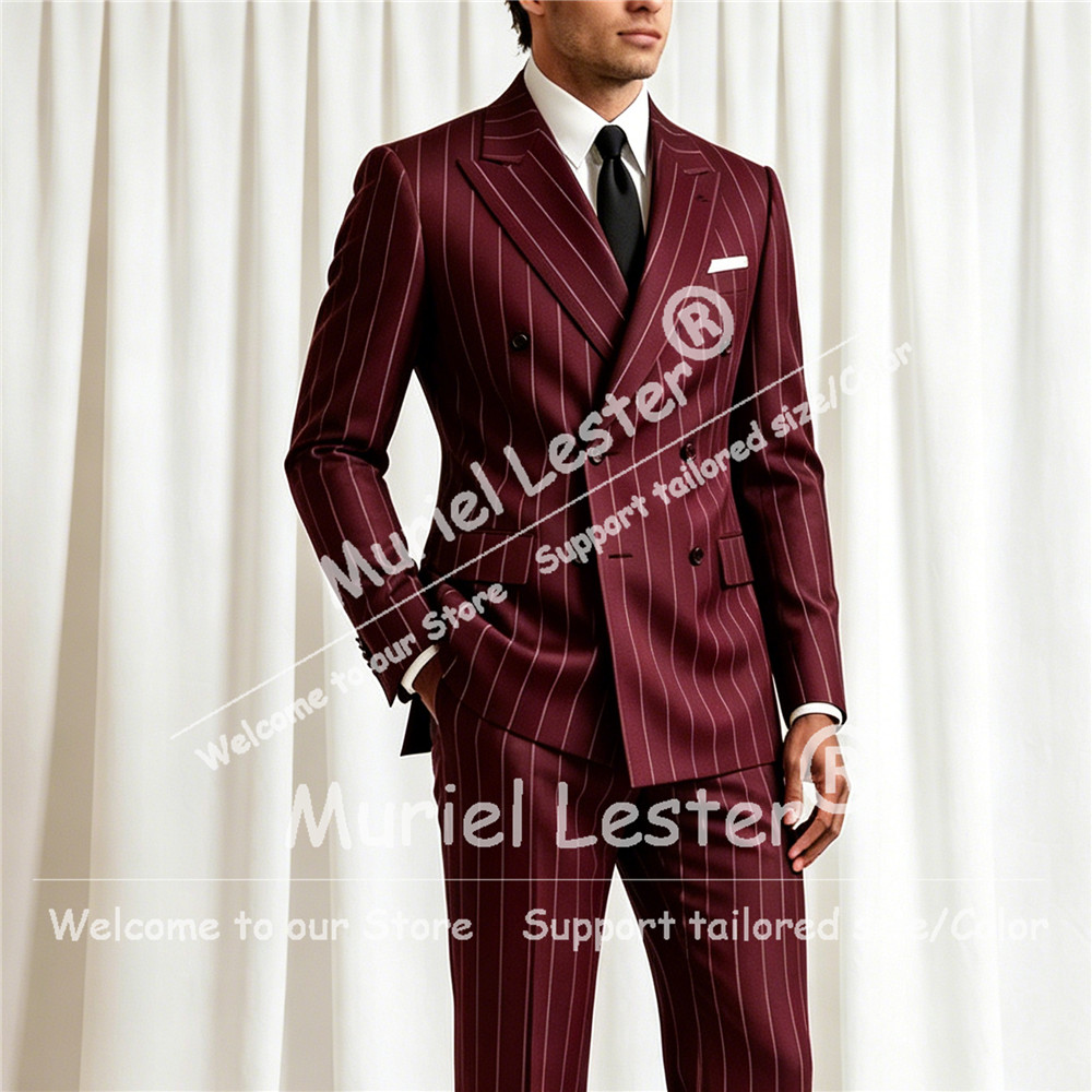 Men'S Style Formal Wear - エレガントなストライプスーツ メンズ 2ピースセット ダブルブレストジャケット パンツ カスタマイズ