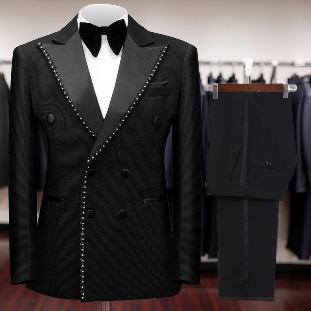 Men Formal Wear Wedding - メンズダブルブレストビーズ付きフォーマルスーツ2ピースウェディンググルームタキシードカスタムメイド男性用ファッショナブルスリムフィットスーツセットジャケットパンツ