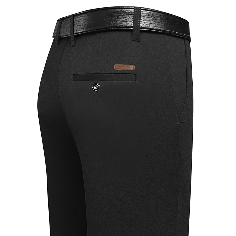 Men Formal Wear Dress - メンズロング丈ストレートレッグドレスパンツ、レザーラベルバックポケット、リラックスフィットトラウザーズ、ビジネスミーティング、デイリーフォーマルウェアに最適