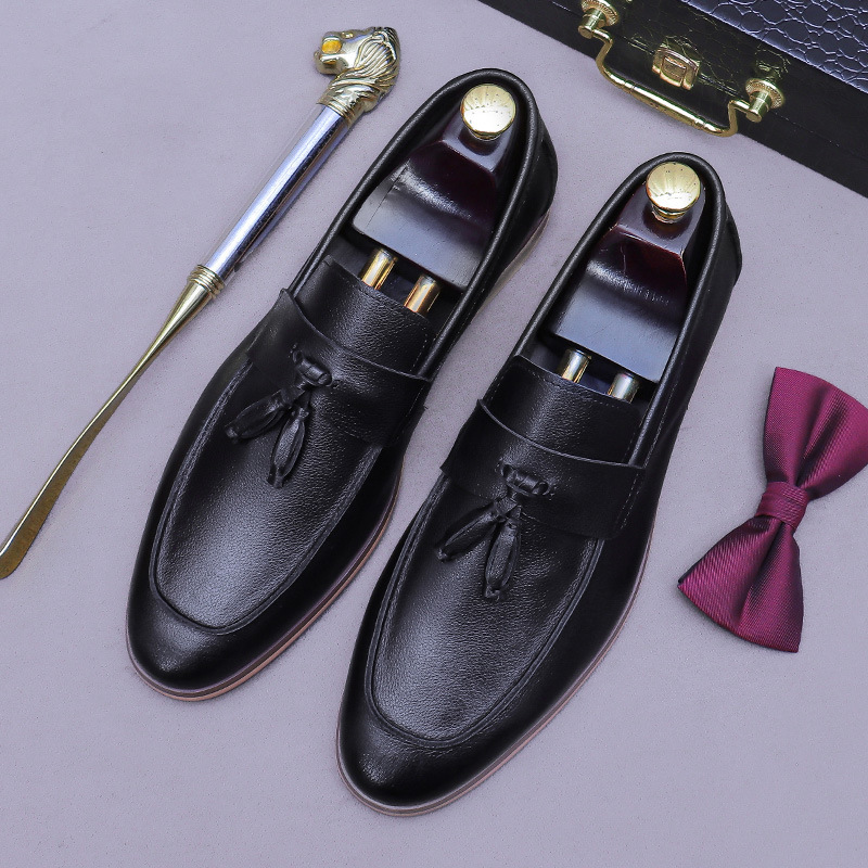 Men Formal Wear Dress - メンズタッセル本革ローファー、ツートーンバーニッシュスクエアトゥ、ローブロックヒール、スリッポン、フォーマルドレスシューズ、ビジネスや日常着に