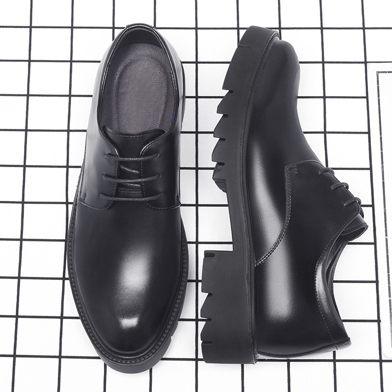 Men Formal Wear Dress - メンズブラックレザーレースアップドレスシューズ、厚底プラットフォームブロックヒール、フォーマルビジネスオフィスワークデイリーウェアシューズ