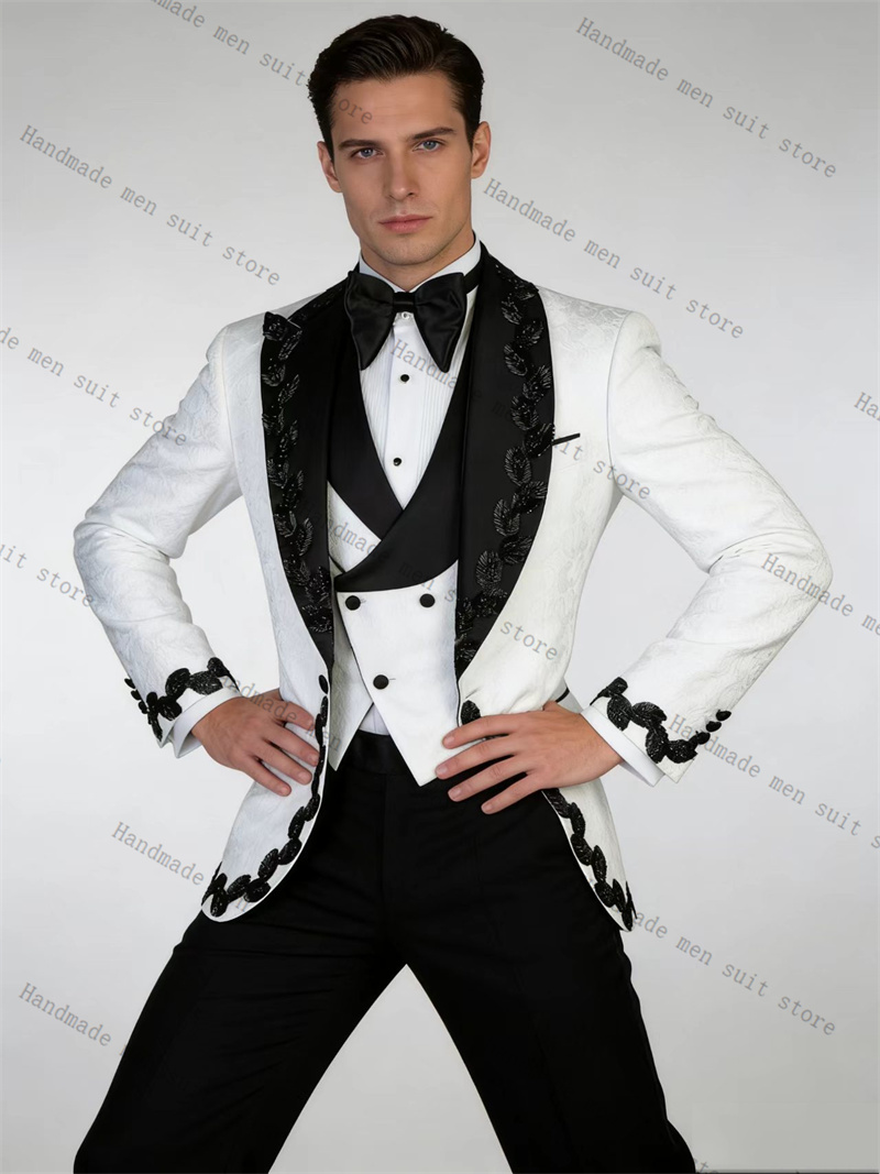 Men Formal Wear Black And White - 白黒メンズスーツセット 2ピース クリスタルブレザー+コットンパンツ プロムウェディングタキシードコート カスタムメイドフォーマルオフィスファッションジャケット