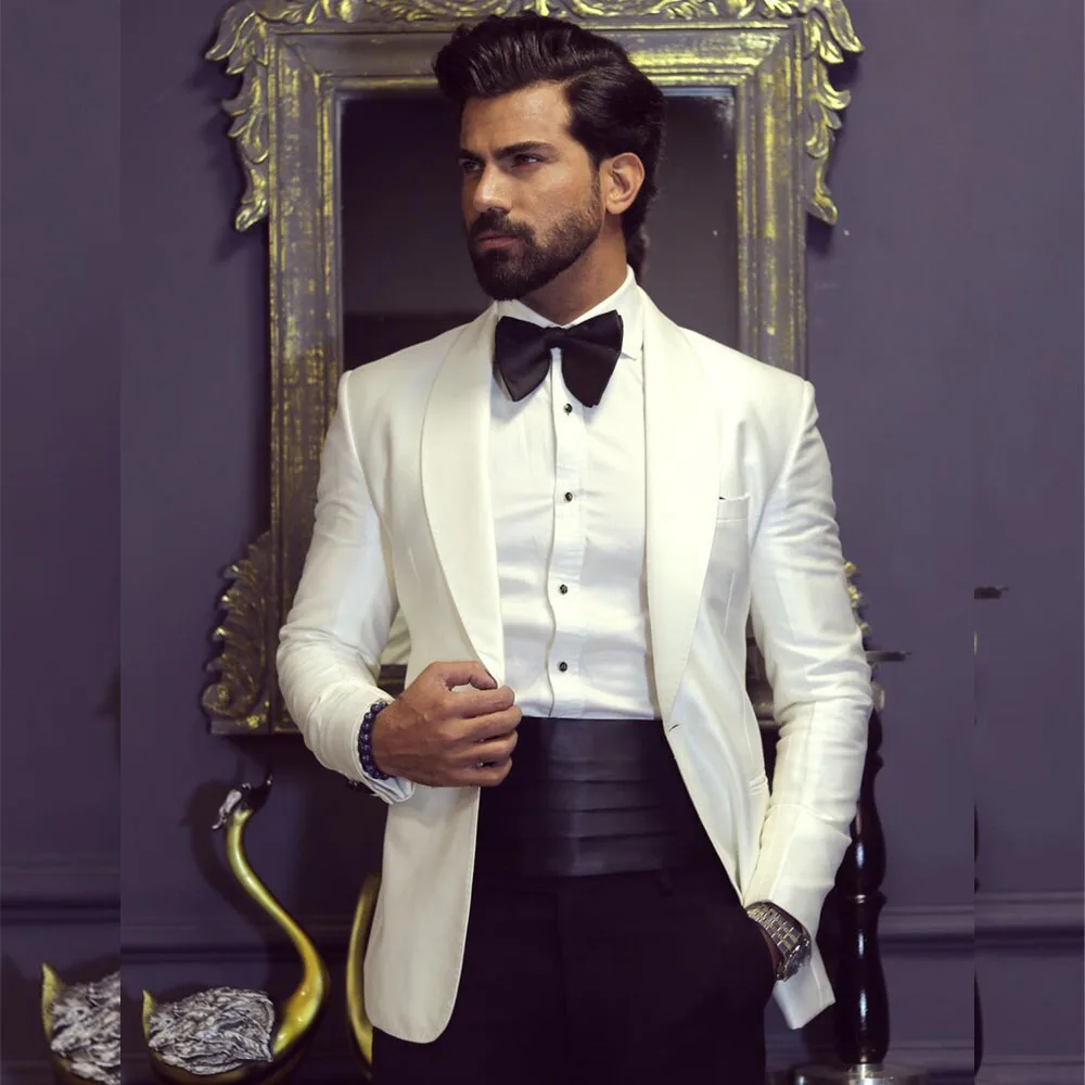 Men Formal Wear Wedding - クラシックな英国スタイルのショールジャケット,シングルブレストの黒のパンツ,フォーマルパーティー,エレガントな新郎の結婚式,白,2個