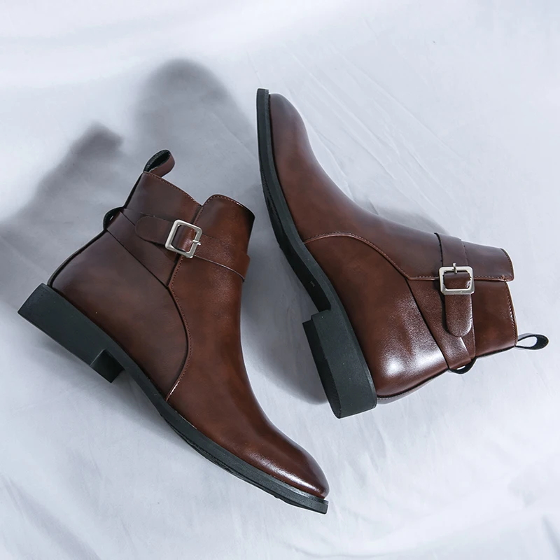 ファッションデザイナーメンズポインテッドレザーブーツ英国ビジ - Men Formal Wear Shoes のレビューと価格