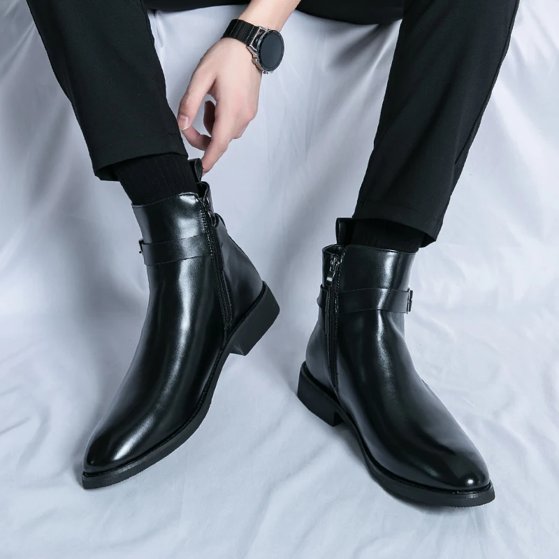 ファッションデザイナーメンズポインテッドレザーブーツ英国ビジ - Men Formal Wear Shoes のレビューと価格