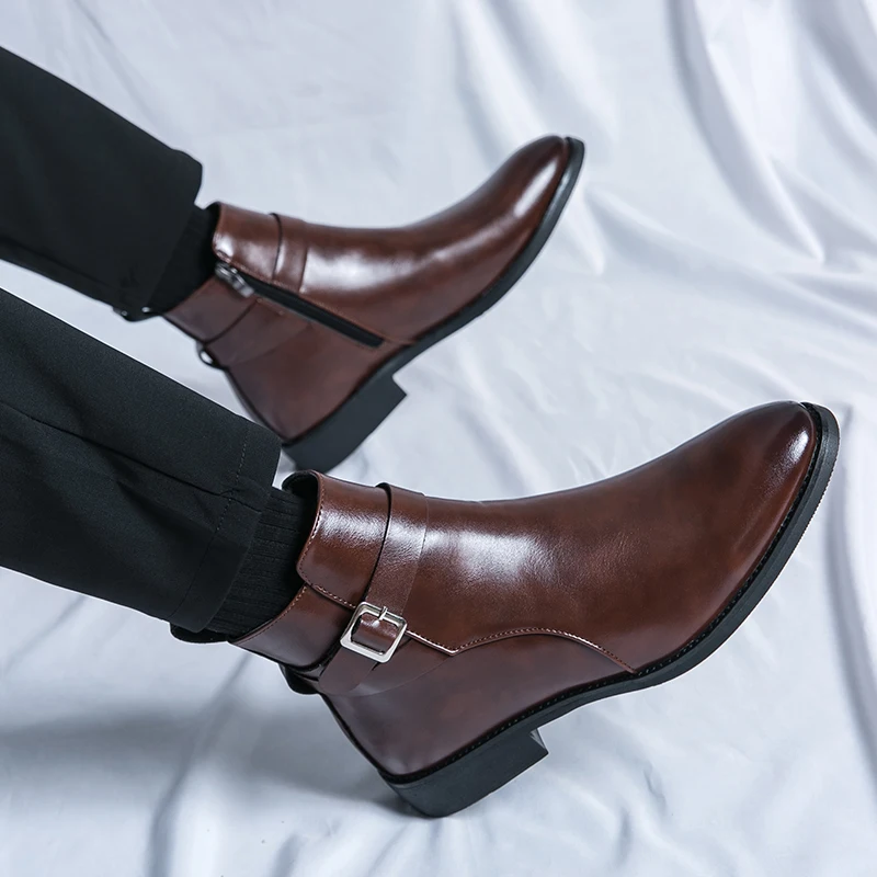 ファッションデザイナーメンズポインテッドレザーブーツ英国ビジ - Men Formal Wear Shoes のレビューと価格