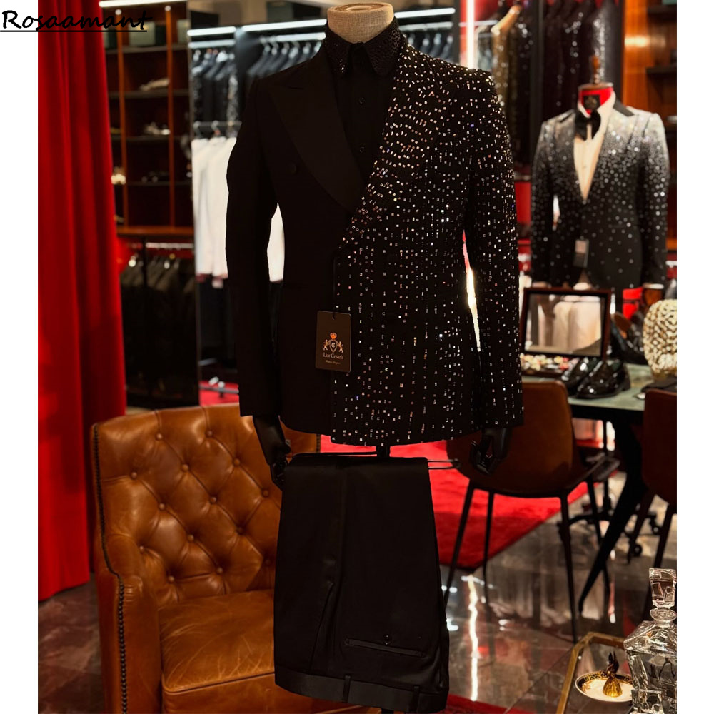 高級フォーマルブラックウェディングメンズスーツセット スリム - Men Formal Wear Black And White のレビューと価格