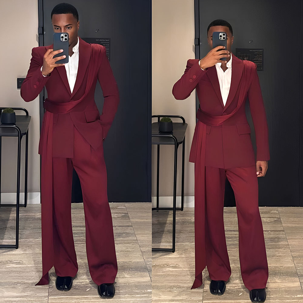 ブルゴーニュ新メンズスーツ 2 ピース結婚式新郎タキシードフ - Men Formal Wear Wedding のレビューと価格