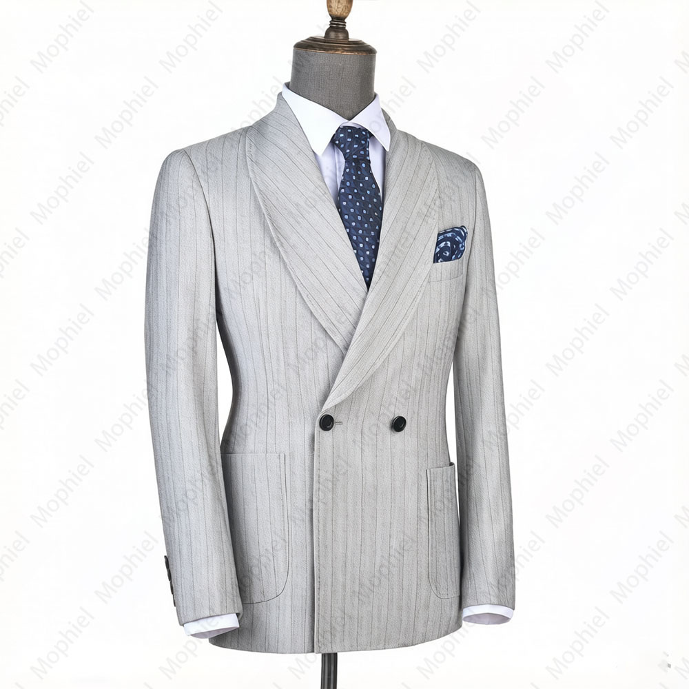 モフィエル ライトグレー メンズスーツ ストライプ ダブルブ - Men Formal Wear Wedding のレビューと価格