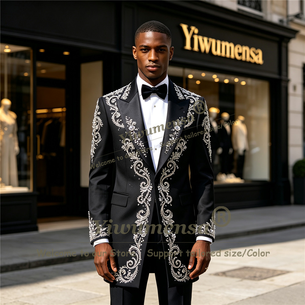 手作りクリスタルビーズ装飾スーツ メンズ カスタムメイド シ - Men Formal Wear Wedding のレビューと価格