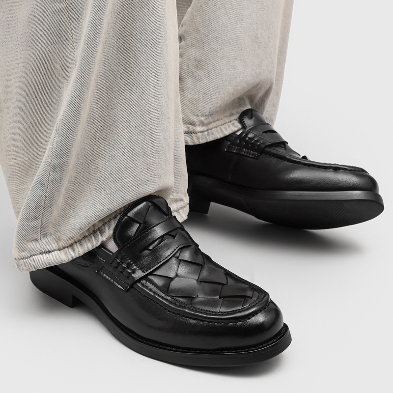 男性手作り織り込みペニーローファー ブラック ローヒール フ - Formal Men Daily Wear Shoes のレビューと価格