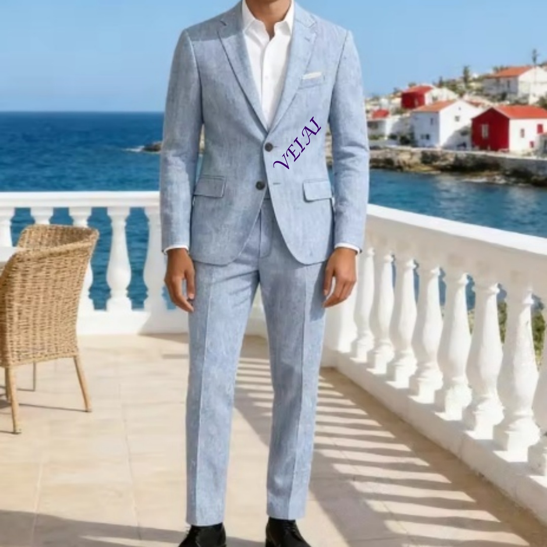 カスタマイズされたソフトスカイブルーリネン2ピーススーツ、ス - Men'S Formal Wear For A Wedding のレビューと価格