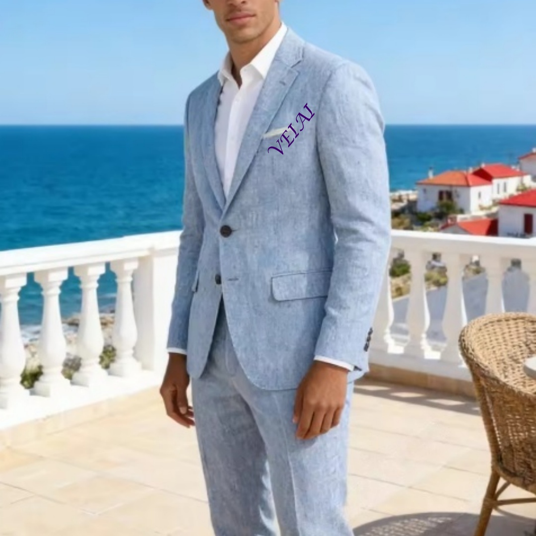 カスタマイズされたソフトスカイブルーリネン2ピーススーツ、ス - Men'S Formal Wear For A Wedding のレビューと価格