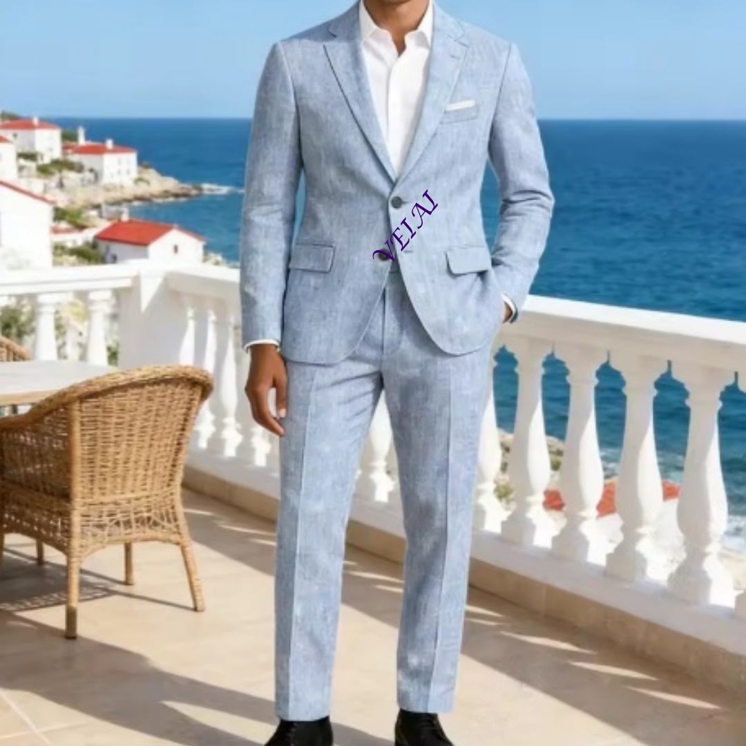 カスタマイズされたソフトスカイブルーリネン2ピーススーツ、ス - Men'S Formal Wear For A Wedding のレビューと価格