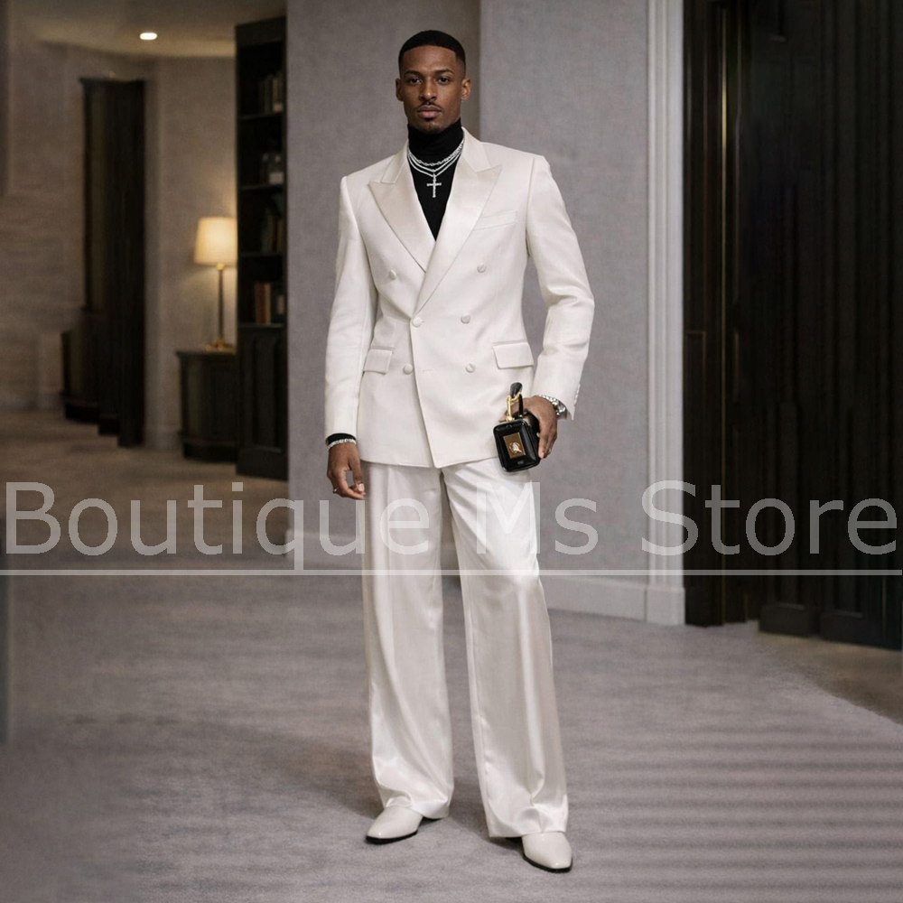 メンズホワイトサテンスーツ2ピースダブルブレストピークドラペ - Men Formal Wear Wedding のレビューと価格