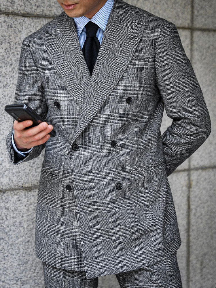 ビジネスチェック柄男性スーツ 2 ピースブレザーダブルブレス - Men Formal Wear Wedding のレビューと価格