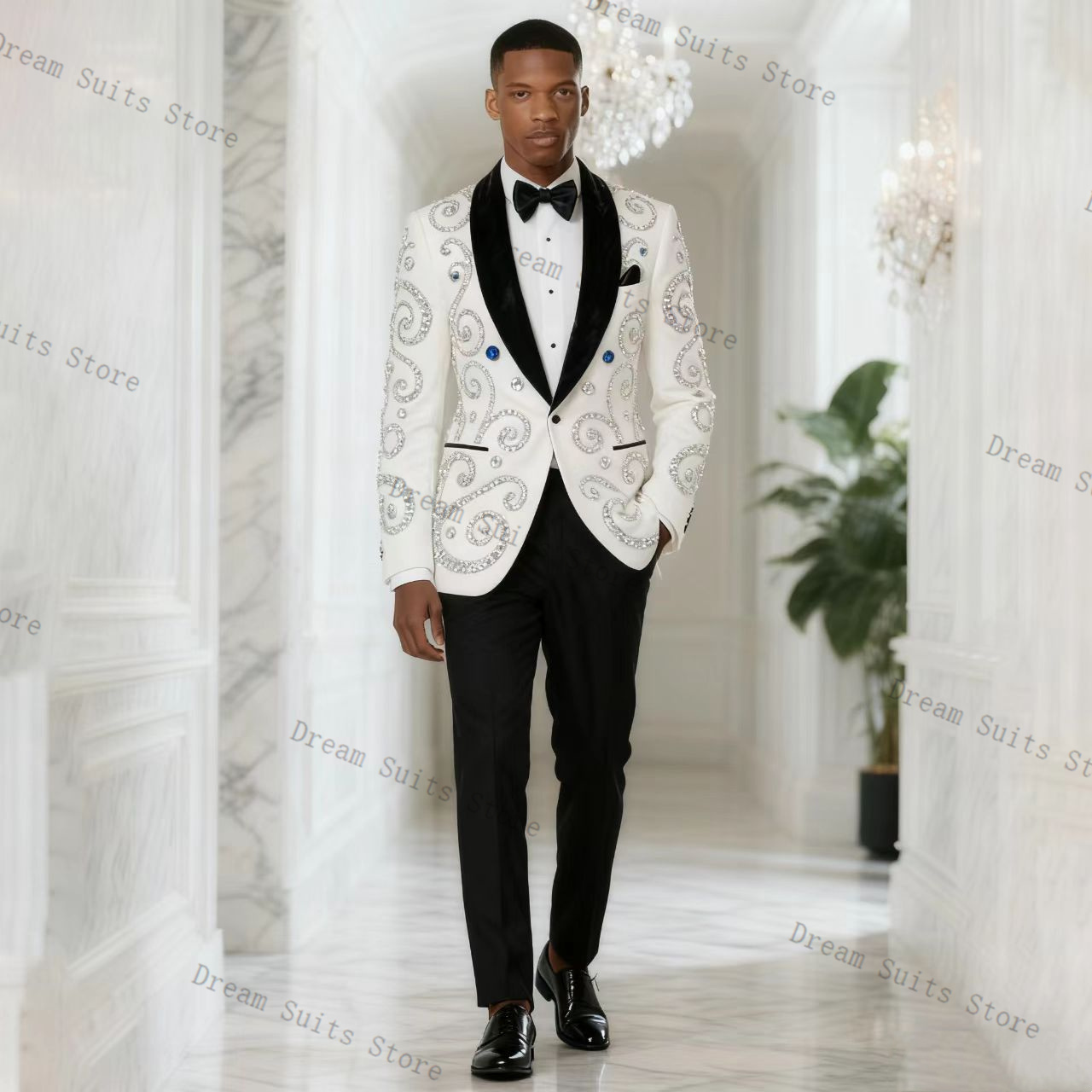 白人男性スーツセット 2 ピースブレザー + 黒パンツズボン - Men Formal Wear Black And White のレビューと価格